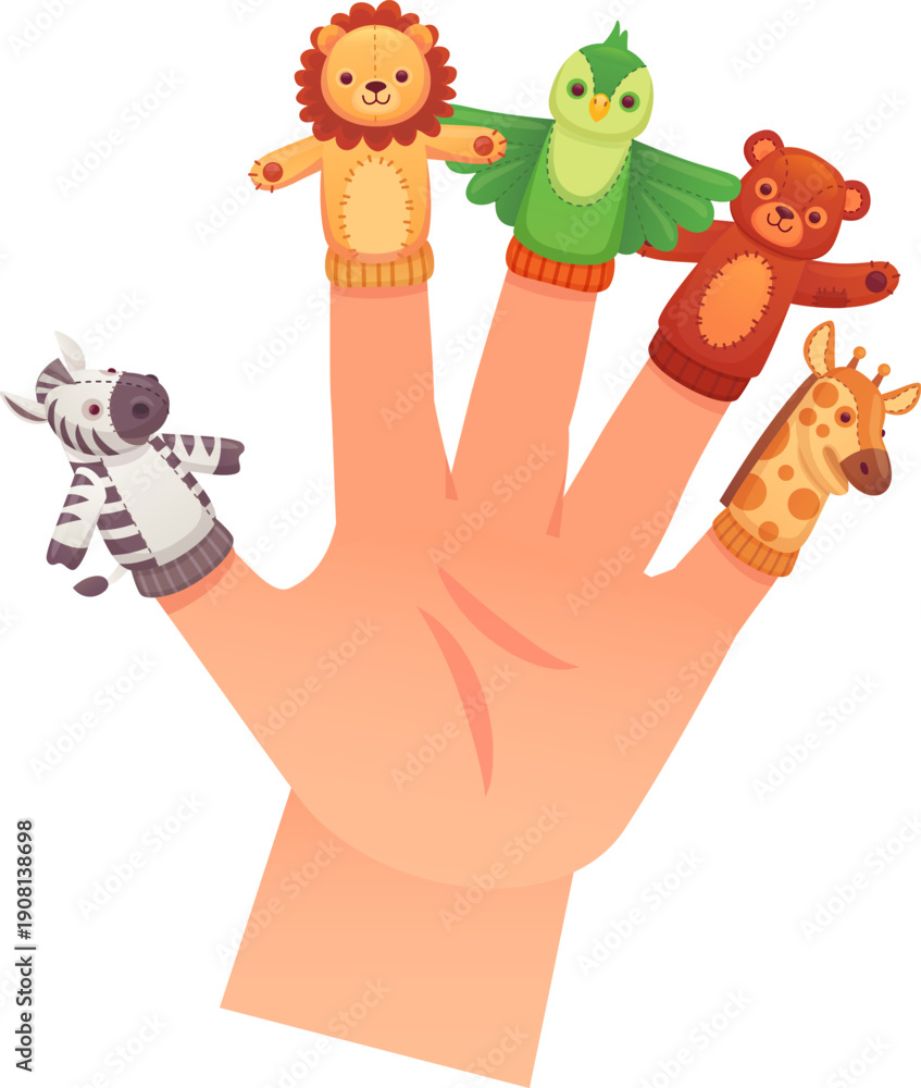 Naklejka premium Animal toy puppet on human fingers. Child play