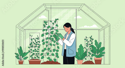 Woman Tending Plants in Greenhouse - Botanical Illustration