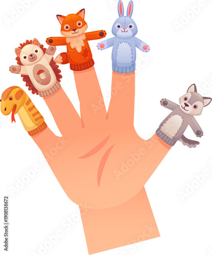 Finger puppet toys on human hand. Cartoon animals