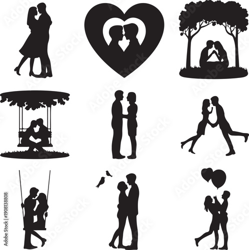 couples in love silhouettes kissing and hugging each other