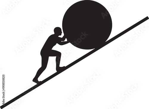 Man struggling to push a heavy ball up a steep incline, symbolizing immense effort and perseverance