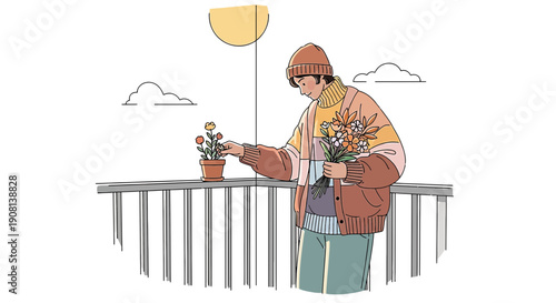 Woman tending potted plant and holding bouquet, minimalist illustration
