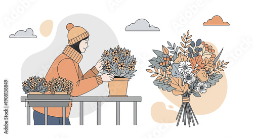 Woman tending potted plants on balcony, bouquet of flowers, flat illustration