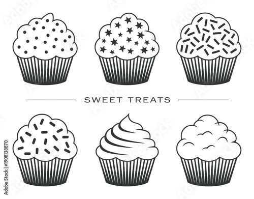 Six Stylized Cupcakes with Various Toppings and Frosting Designs