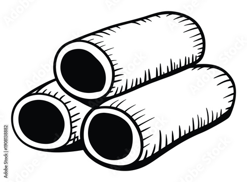 Stacked hollow cylindrical tubes, black and white illustration