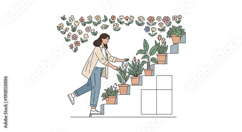 Woman Tending Potted Plants on Stairs with Floral Background Illustration