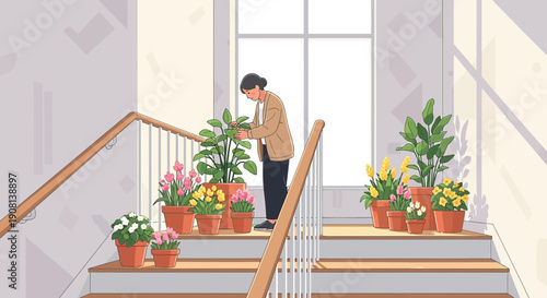 Woman Tending Potted Plants on Staircase, Indoor Gardening, Spring Refresh