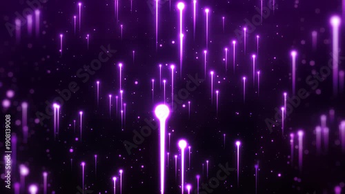 Abstract background with bright purple glowing stripes and rising light plumes on a dark space background with a soft bokeh.