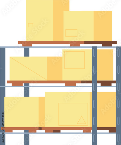 Storehouse shelves with shipping boxes. Cargo stock storage
