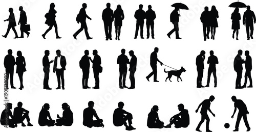 People silhouette collection walking talking standing sitting isolated on white background urban lifestyle social interaction illustration