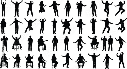 People silhouettes collection, human action poses, dancing jumping standing sitting figures, black isolated crowd, lifestyle motion set