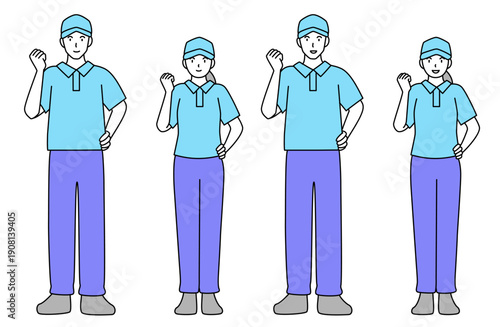 笑顔でガッツポーズをする男女の作業員のシンプルな線画ベクターイラストセット・全身
