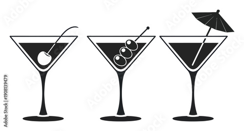 Three Martini Glasses with Garnishes: Cherry, Olives, and Umbrella
