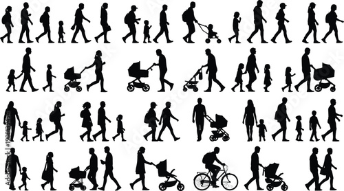 people silhouettes, family walking, parents children, baby stroller, lifestyle daily activity, urban life, black figures, isolated set, white background, collection