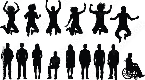 People silhouettes set showing jumping, standing and sitting men and women, diverse human poses isolated on white background illustration