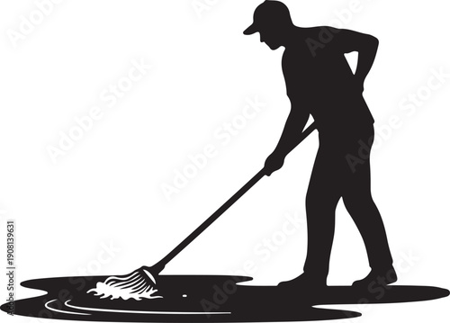 Silhouette of a man diligently mopping a wet floor, performing essential cleaning tasks