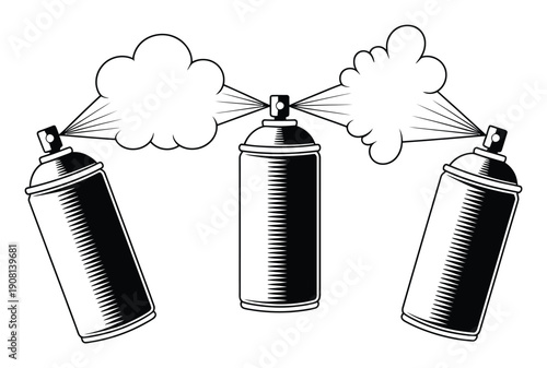 Three Spray Paint Cans Emitting Clouds of Mist in a Stylized Illustration