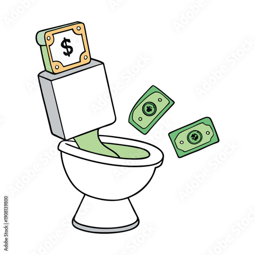 Dollar bills swirl helplessly down the toilet, a vivid symbol of wasted money and lost opportunities, disappearing flush by flush into the drain of regret.
