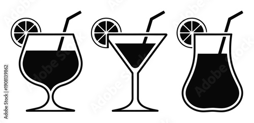 Three stylized black and white cocktail glasses with straws and lemon slices