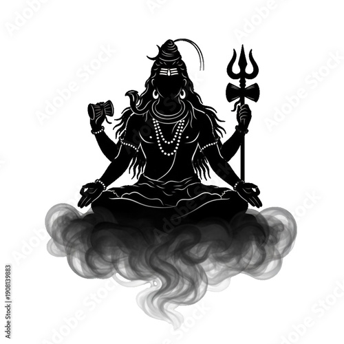 Silhouette of Hindu God Lord Shiva in meditation pose with Trishul and Damru on transparent background. Lord Shiva sitting in meditation silhouette vector illustration. Maha Shivratri template 