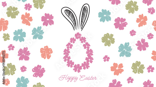 Rabbits's ears and  egg with flowers, Happy Easter. Hand drawn illustration.