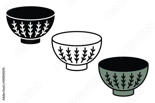 Three Stylized Bowls with Leafy Pattern in Black, White, and Green