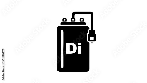 Flat black icon of deionized water tank with tube and plug