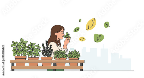 Woman Smelling Herbs on Balcony Garden with Cityscape Background