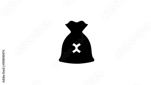 Glyph icon of a black fertilizer sack with a white cross symbol on a plain background