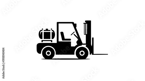 Flat black glyph icon of a forklift with rear hydraulic cylinder on white background for industrial and logistics themes