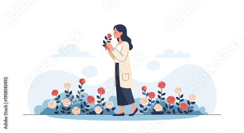 Woman smelling roses in a garden, flat floral illustration, spring bloom, summer garden