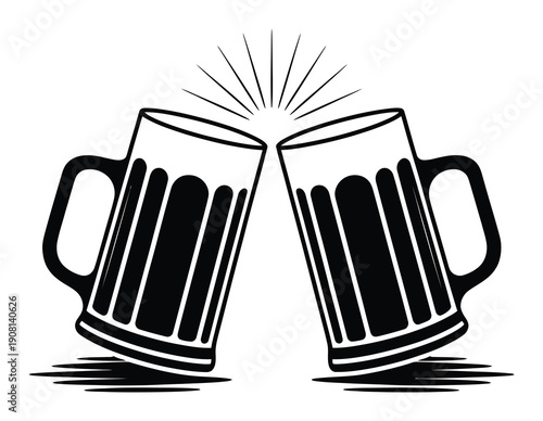 Two Beer Mugs Clinking Together with Rays of Light