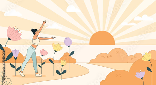 Woman stretching in flower field at sunrise, wellness and healthy lifestyle