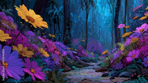 A peaceful path weaves through a lush forest in Florence, where colorful flowers dance in gentle breezes. Sunlight filters through the trees, enhancing the enchanting ambiance of Toscana