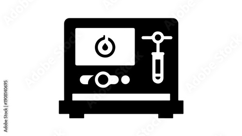Flat black glyph icon of hydrogen purity analyzer machine with screen and syringe on white background for science and technology