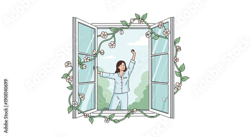 Woman stretching in pajamas by open window, surrounded by blooming vines, morning light