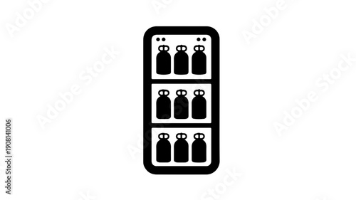 Vertical dumbbell rack icon with three tiers holding multiple dumbbells simple flat black glyph design on white background