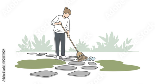 Woman Sweeping Garden Path, Outdoor Chore, Spring Cleaning, Lifestyle Illustration