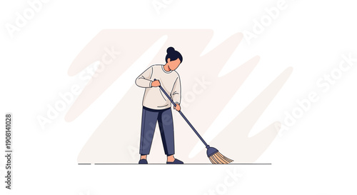 Woman sweeping floor illustration, clean home concept, minimalist style