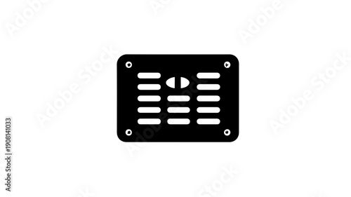 Wall mounted gas leak detector icon flat black glyph design simple and modern style rectangular shape with rounded corners four mounting holes and warning symbol isolated on white