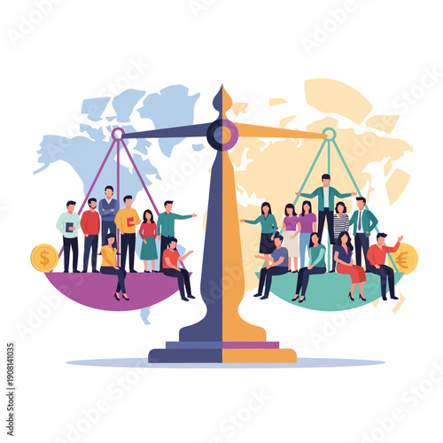 Social justice and equality concept with people on scales.