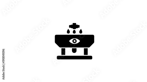 Black glyph icon of emergency eye wash station with water flowing and eye symbol on basin