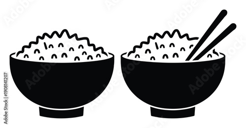 Two bowls of rice, one with chopsticks, black and white illustration