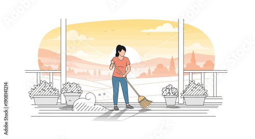 Woman Sweeping Porch with Countryside Sunrise View