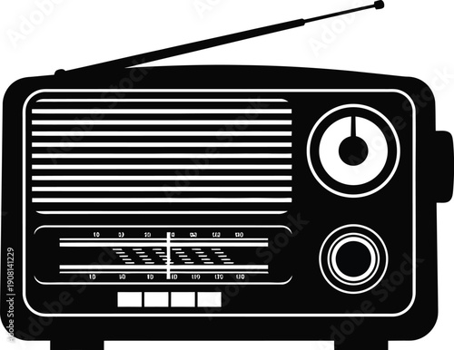 Vintage radio illustration with antenna and dials in a simple black and white design style