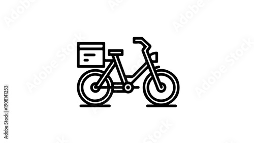 Minimalist black line icon of cargo bike with delivery box on back for eco friendly transport