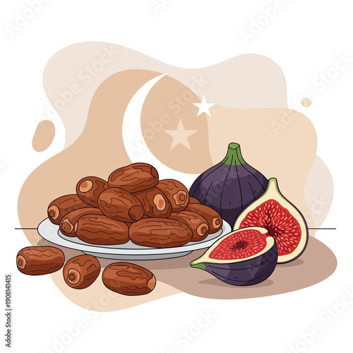 Dates and figs on a plate with Islamic crescent and star.