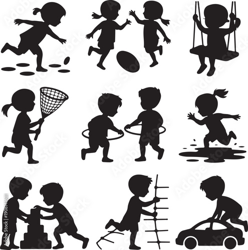 Children playing outdoors with various toys and games