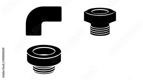 Set of 3 black plumbing icons with pipe fittings and connectors on white background symbolizing water supply and infrastructure