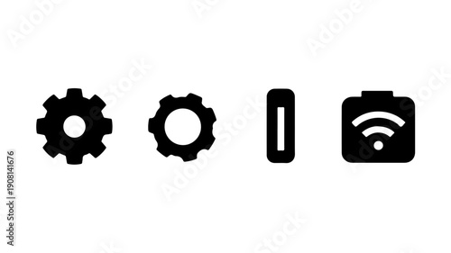 Set of four flat black glyph icons including gears battery and wi fi camera symbol on white background for technology and settings